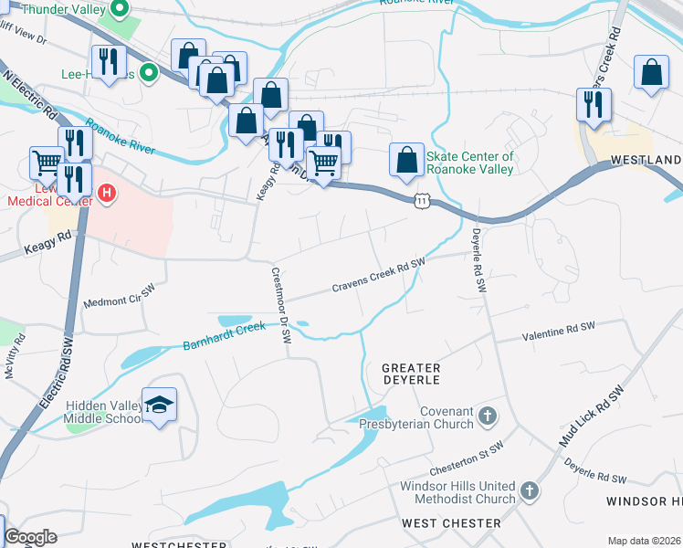 map of restaurants, bars, coffee shops, grocery stores, and more near 4207 Cravens Creek Road Southwest in Roanoke