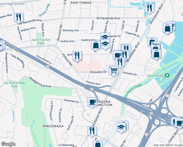 map of restaurants, bars, coffee shops, grocery stores, and more near 114 Dardanelli Lane in Los Gatos