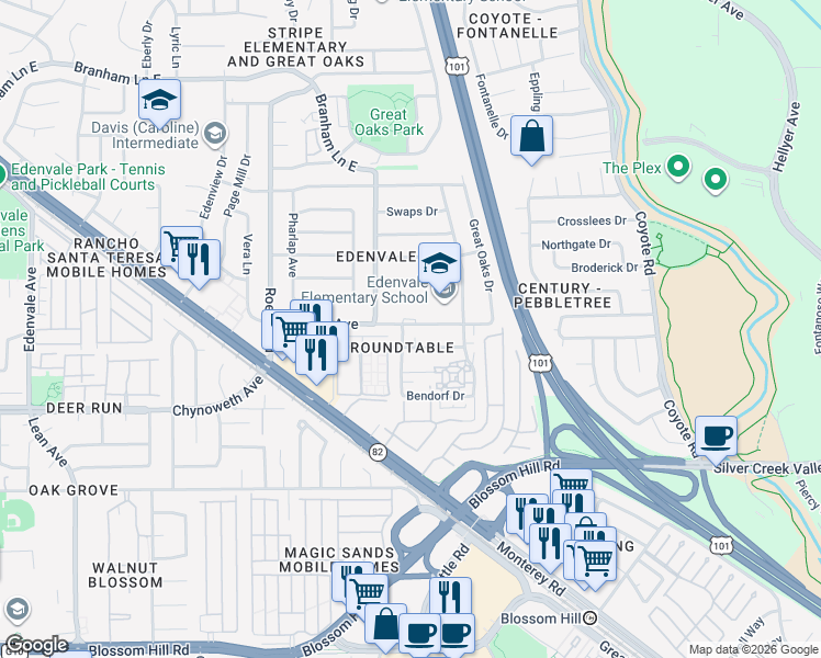 map of restaurants, bars, coffee shops, grocery stores, and more near 172 Azucar Avenue in San Jose