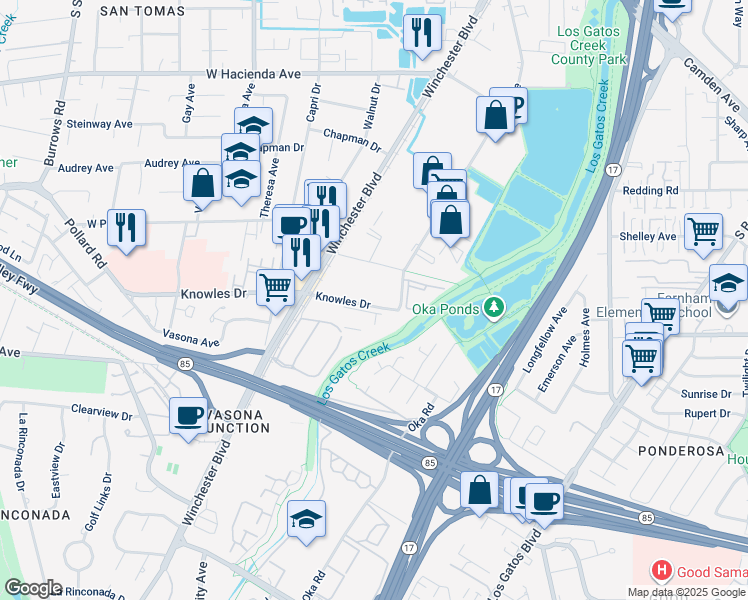 map of restaurants, bars, coffee shops, grocery stores, and more near 1745 Knowles Drive in Los Gatos