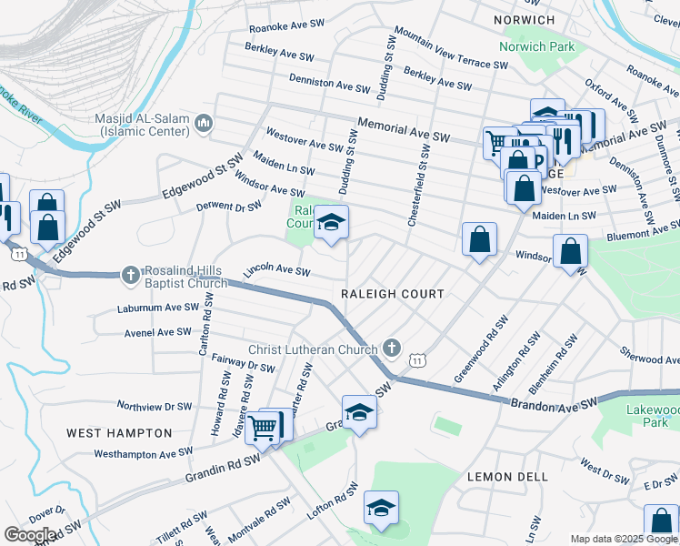 map of restaurants, bars, coffee shops, grocery stores, and more near 1831 Carter Road Southwest in Roanoke