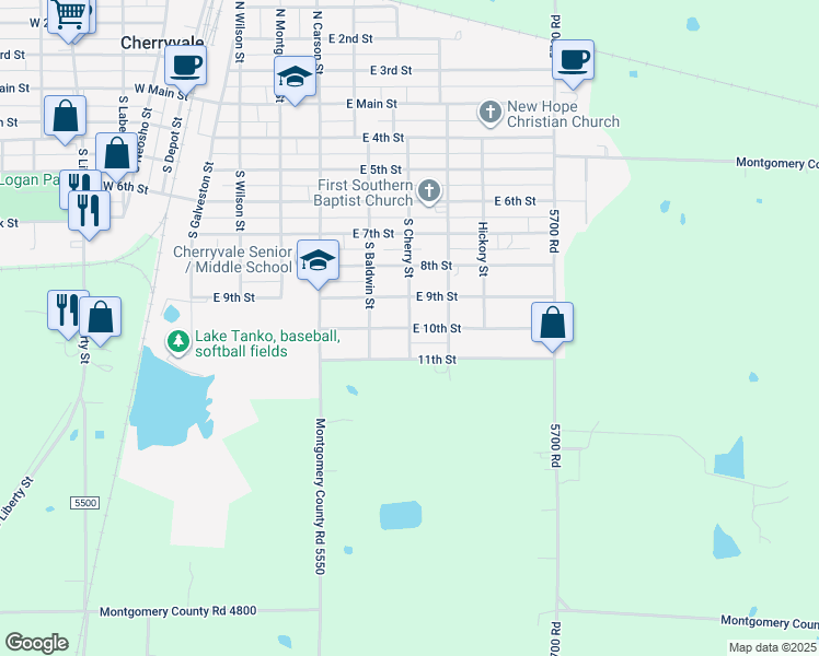 map of restaurants, bars, coffee shops, grocery stores, and more near 700 East 10th Street in Cherryvale