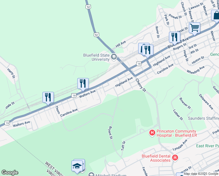 map of restaurants, bars, coffee shops, grocery stores, and more near 1508 Highland Avenue in Bluefield