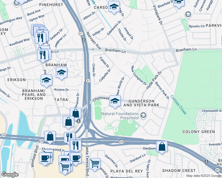 map of restaurants, bars, coffee shops, grocery stores, and more near 692 Hathaway Court in San Jose