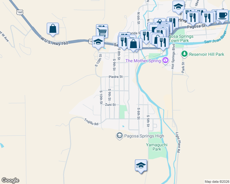 map of restaurants, bars, coffee shops, grocery stores, and more near 375 South 8th Street in Pagosa Springs
