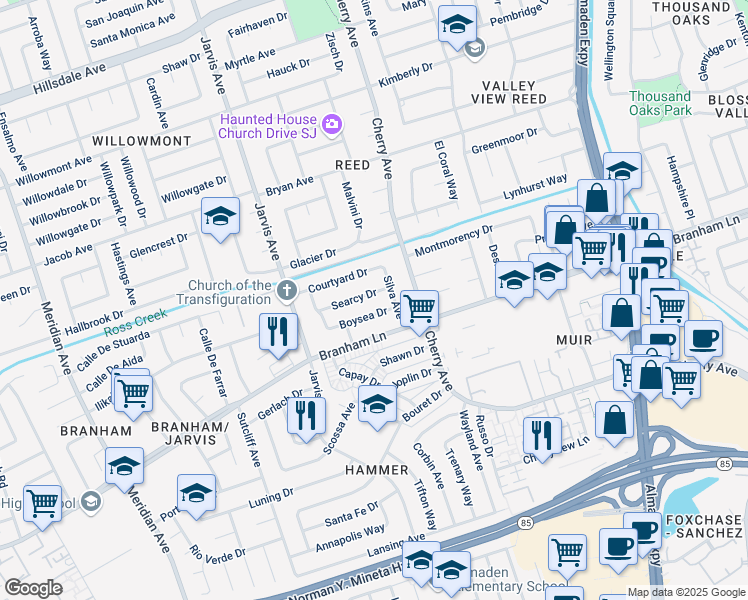 map of restaurants, bars, coffee shops, grocery stores, and more near 1376 Searcy Drive in San Jose
