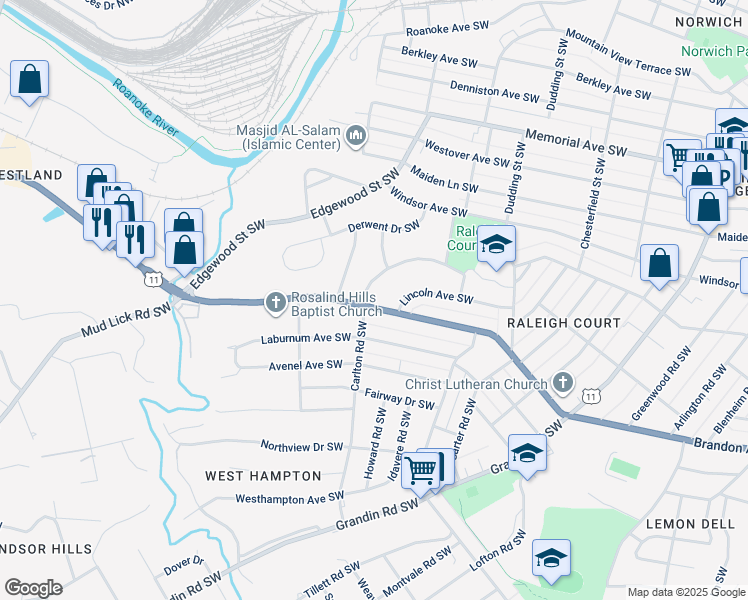 map of restaurants, bars, coffee shops, grocery stores, and more near 1932 Carlton Road Southwest in Roanoke