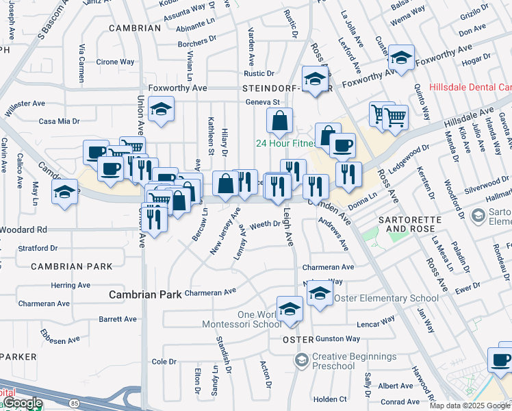 map of restaurants, bars, coffee shops, grocery stores, and more near 1910 Camden Avenue in San Jose