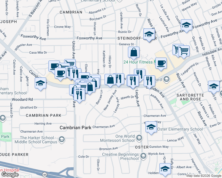 map of restaurants, bars, coffee shops, grocery stores, and more near 1930 Camden Avenue in San Jose