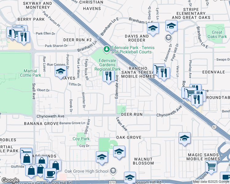 map of restaurants, bars, coffee shops, grocery stores, and more near 109 Red River Way in San Jose
