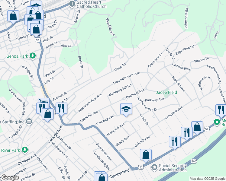 map of restaurants, bars, coffee shops, grocery stores, and more near 417 Monterey Hill Road in Bluefield