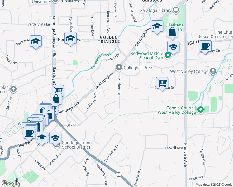 map of restaurants, bars, coffee shops, grocery stores, and more near 14231 Douglass Lane in Saratoga