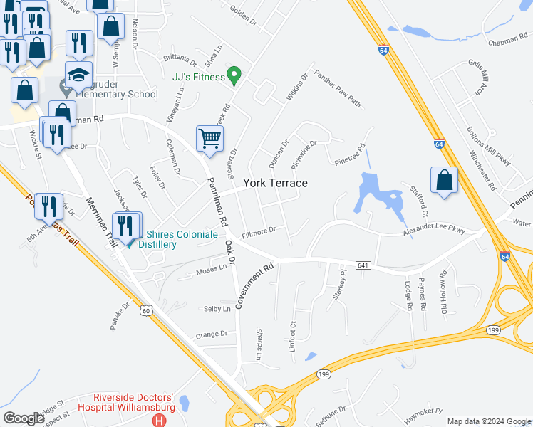map of restaurants, bars, coffee shops, grocery stores, and more near 1212 Wilkins Drive in Williamsburg