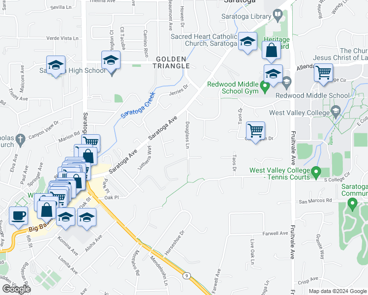 map of restaurants, bars, coffee shops, grocery stores, and more near 14231 Douglass Lane in Saratoga