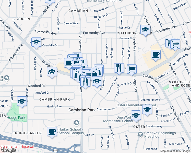 map of restaurants, bars, coffee shops, grocery stores, and more near 14828 Camden Avenue in San Jose