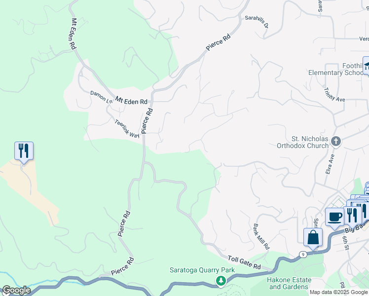 map of restaurants, bars, coffee shops, grocery stores, and more near 14492 Pike Road in Saratoga