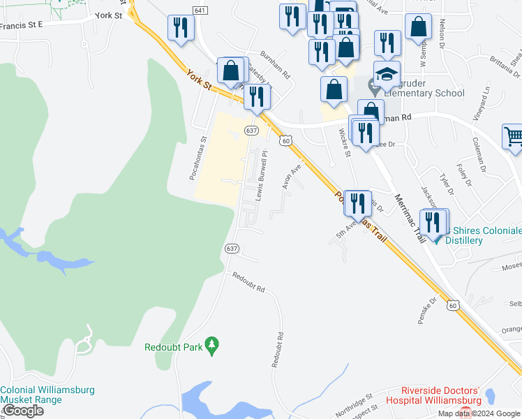 map of restaurants, bars, coffee shops, grocery stores, and more near 407 Lewis Burwell Place in Williamsburg