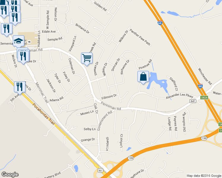 map of restaurants, bars, coffee shops, grocery stores, and more near 1212 Wilkins Drive in Williamsburg