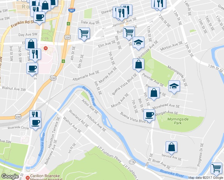 map of restaurants, bars, coffee shops, grocery stores, and more near 1355 Buena Vista Boulevard Southeast in Roanoke