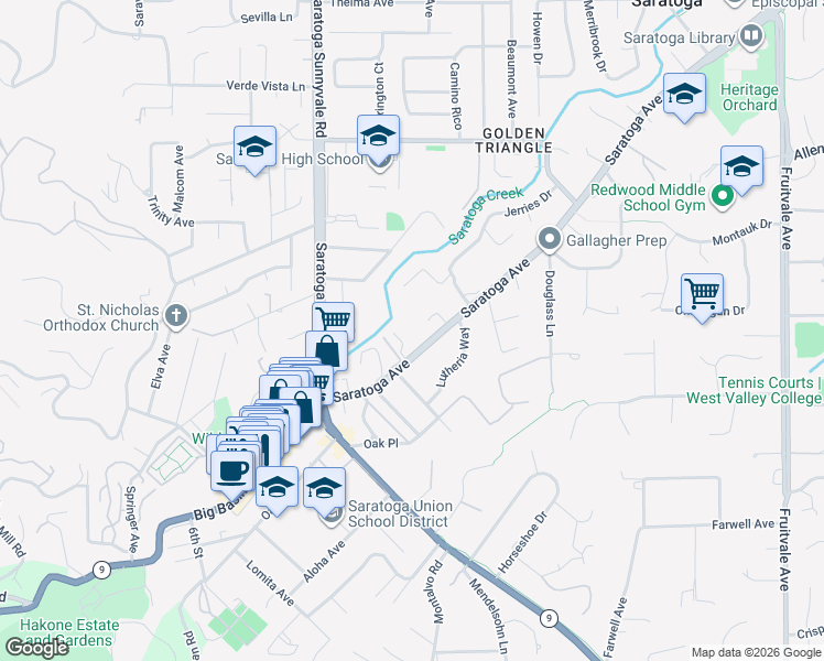 map of restaurants, bars, coffee shops, grocery stores, and more near 14275 Saratoga Avenue in Saratoga