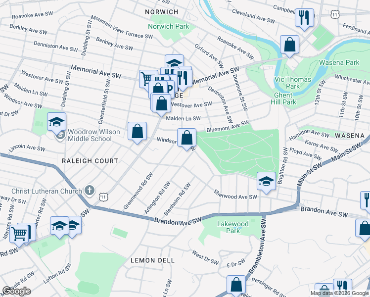 map of restaurants, bars, coffee shops, grocery stores, and more near 1816 Windsor Avenue Southwest in Roanoke