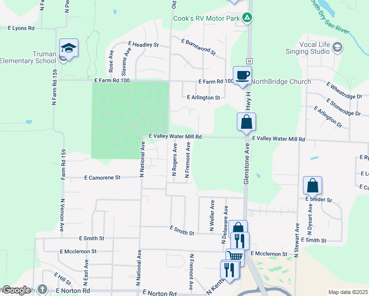 map of restaurants, bars, coffee shops, grocery stores, and more near 3537 North Fremont Avenue in Springfield