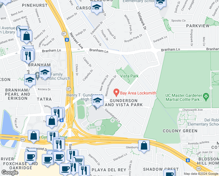 map of restaurants, bars, coffee shops, grocery stores, and more near 4974 Massachusetts Drive in San Jose
