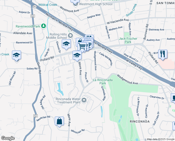 map of restaurants, bars, coffee shops, grocery stores, and more near 228 Prince Street in Los Gatos