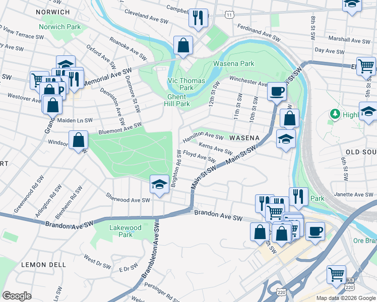 map of restaurants, bars, coffee shops, grocery stores, and more near 1233 Floyd Avenue Southwest in Roanoke