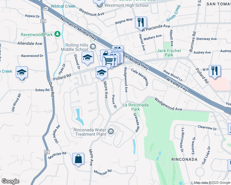 map of restaurants, bars, coffee shops, grocery stores, and more near 228 Prince Street in Los Gatos