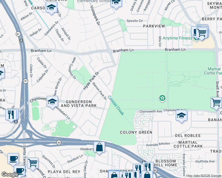 map of restaurants, bars, coffee shops, grocery stores, and more near 5006 Wellington Park Drive in San Jose