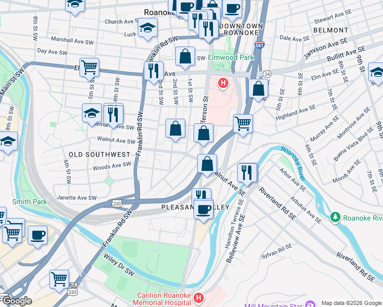 map of restaurants, bars, coffee shops, grocery stores, and more near 1234 Maple Avenue Southwest in Roanoke