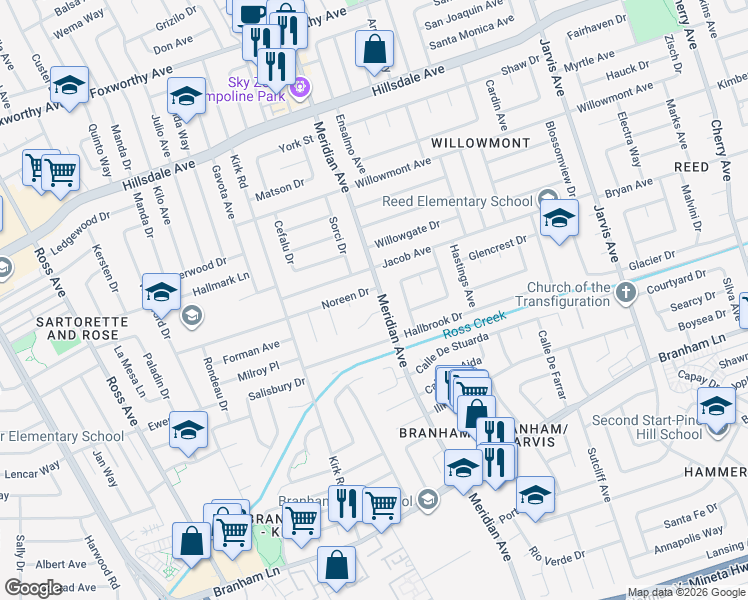 map of restaurants, bars, coffee shops, grocery stores, and more near 4047 Meridian Avenue in San Jose