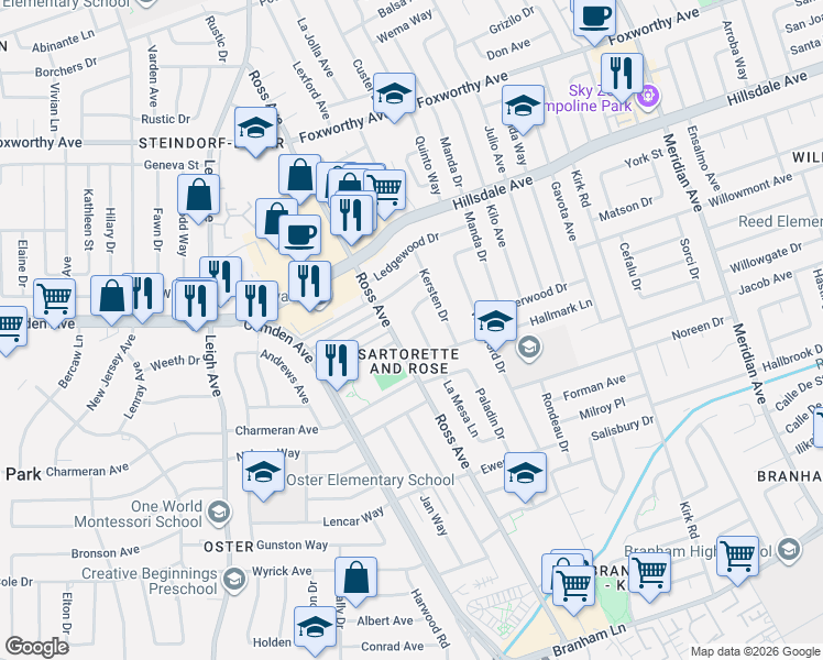 map of restaurants, bars, coffee shops, grocery stores, and more near 3714 Justine Drive in San Jose