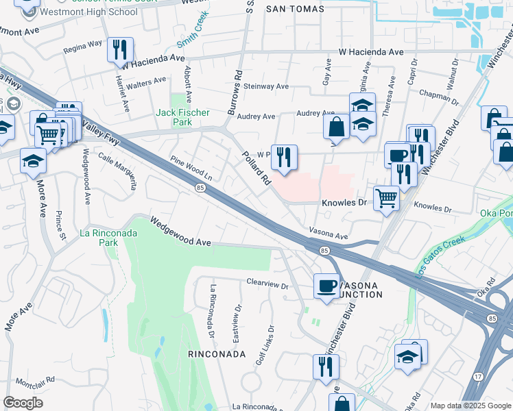 map of restaurants, bars, coffee shops, grocery stores, and more near 873 Castlewood Drive in Los Gatos