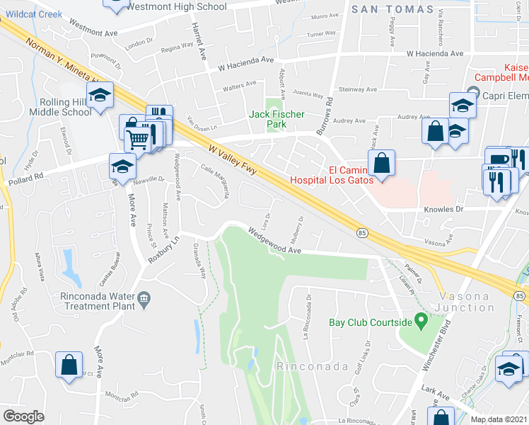 map of restaurants, bars, coffee shops, grocery stores, and more near 14245 Lora Drive in Los Gatos