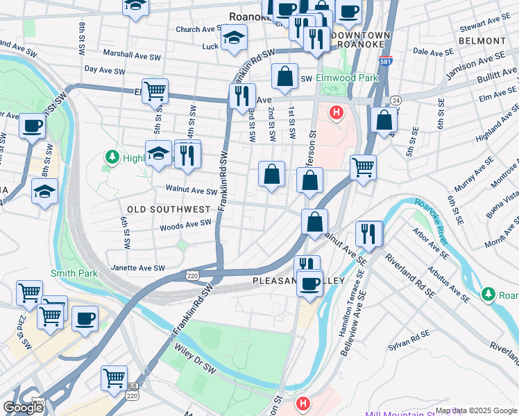 map of restaurants, bars, coffee shops, grocery stores, and more near 1302 2nd Street Southwest in Roanoke