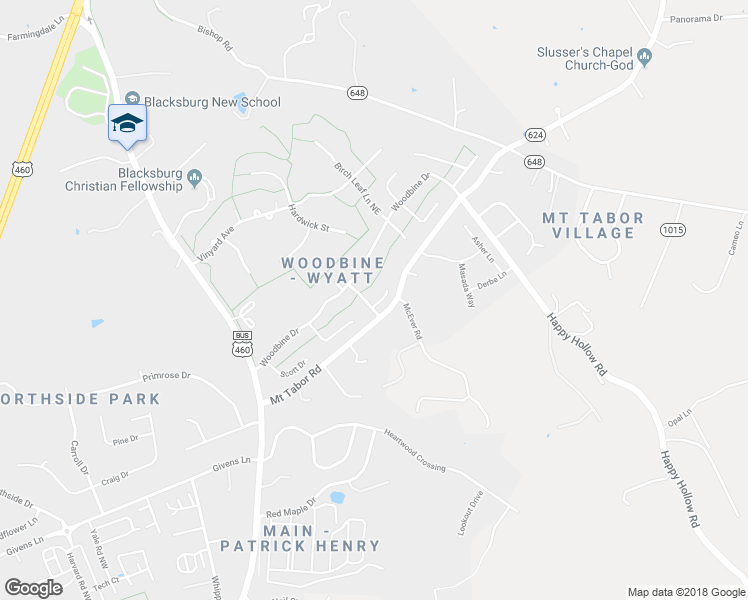 map of restaurants, bars, coffee shops, grocery stores, and more near 2002 Lombardi Drive in Blacksburg