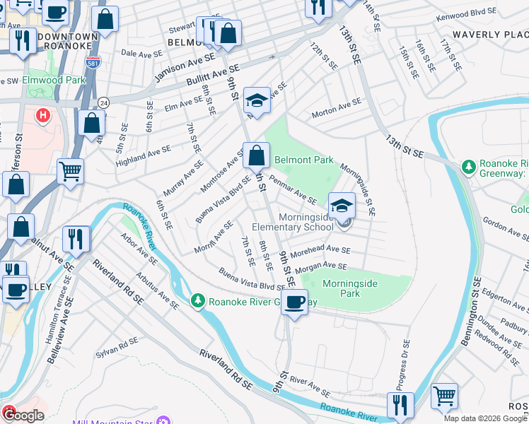 map of restaurants, bars, coffee shops, grocery stores, and more near 815 Morrill Avenue Southeast in Roanoke