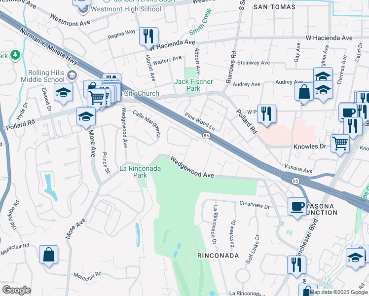 map of restaurants, bars, coffee shops, grocery stores, and more near 14245 Lora Drive in Los Gatos