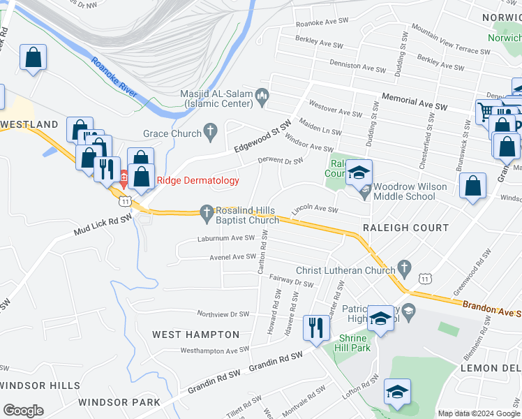 map of restaurants, bars, coffee shops, grocery stores, and more near 1941 Carlton Road Southwest in Roanoke