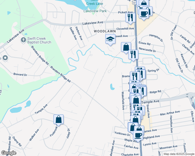 map of restaurants, bars, coffee shops, grocery stores, and more near 18907 Weldon Street in Colonial Heights