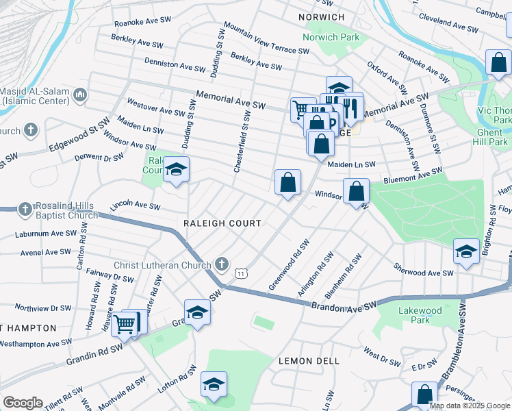 map of restaurants, bars, coffee shops, grocery stores, and more near 1811 Belleville Road Southwest in Roanoke