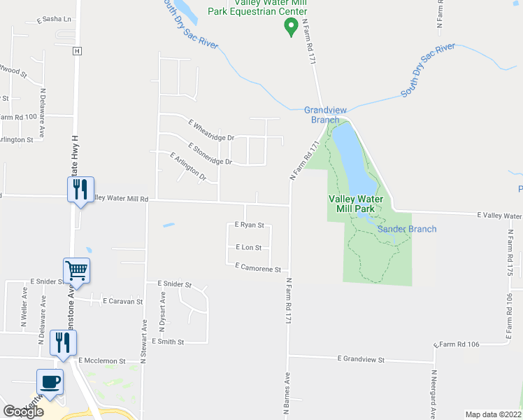 map of restaurants, bars, coffee shops, grocery stores, and more near 2108 East Valley Water Mill Road in Springfield