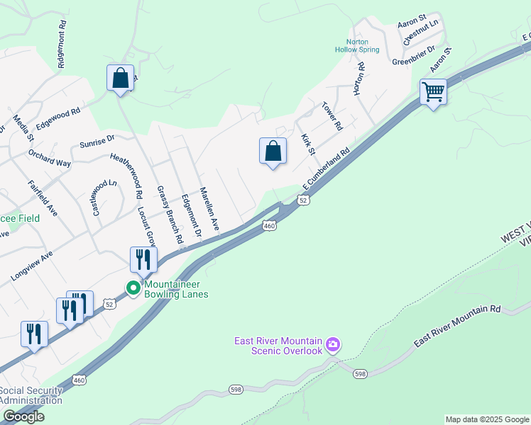map of restaurants, bars, coffee shops, grocery stores, and more near East Cumberland Road in Bluefield