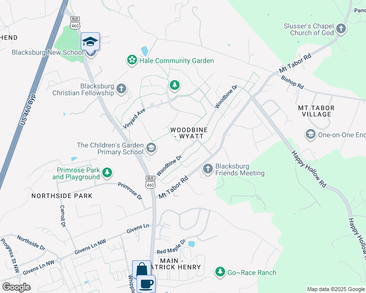 map of restaurants, bars, coffee shops, grocery stores, and more near 207 Woodbine Drive in Blacksburg