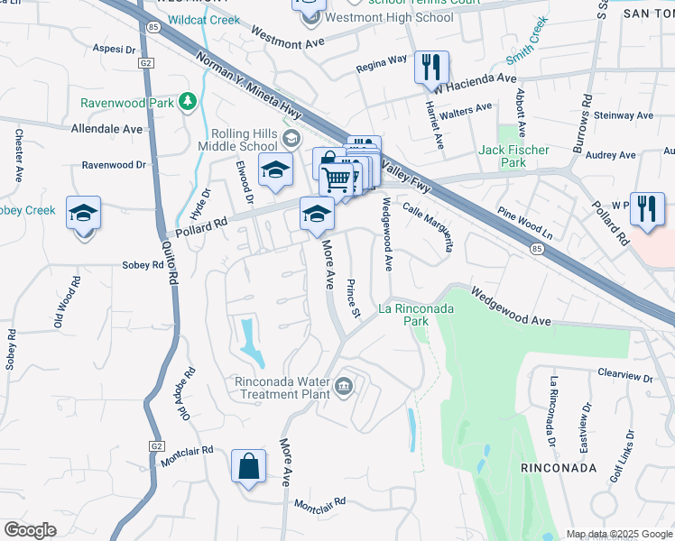 map of restaurants, bars, coffee shops, grocery stores, and more near 224 More Avenue in Los Gatos