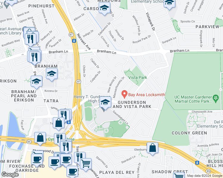 map of restaurants, bars, coffee shops, grocery stores, and more near 4952 New World Drive in San Jose