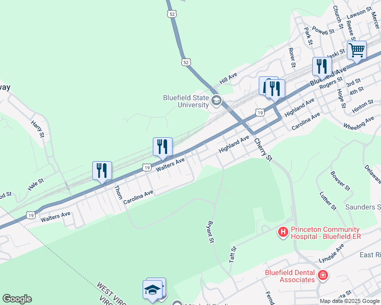 map of restaurants, bars, coffee shops, grocery stores, and more near 1611 Bluefield Avenue in Bluefield