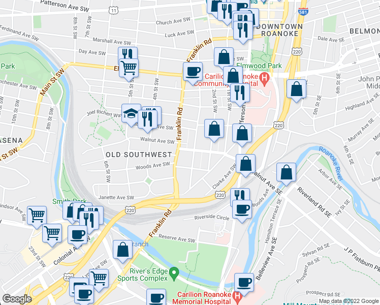 map of restaurants, bars, coffee shops, grocery stores, and more near 1301 3rd Street Southwest in Roanoke